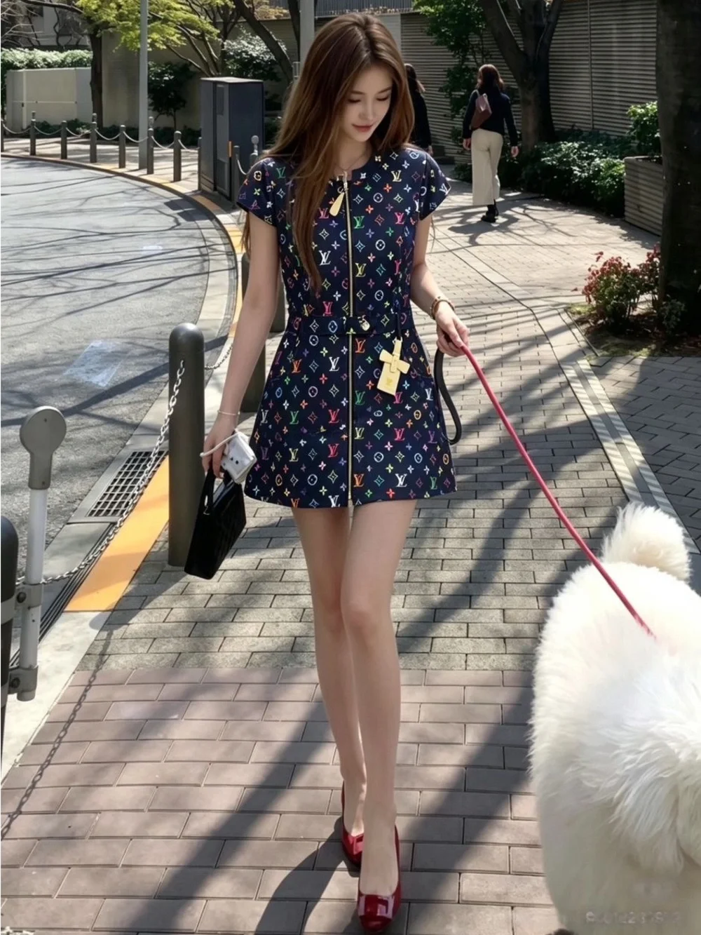 Black Multicolor Logo Zip-Front Dress